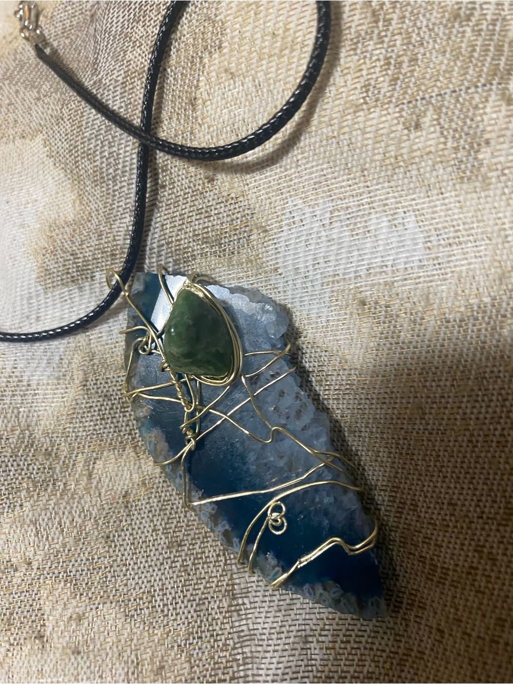 Handcrafted Blue geode crystal  & Green jade Stone Wire-Wrap Pendant Necklace